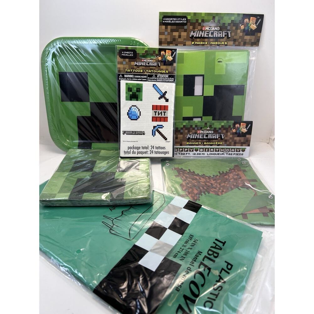 Minecraft Birthday Party Supplies Favors Plates Banner Masks Napkins Tattoos